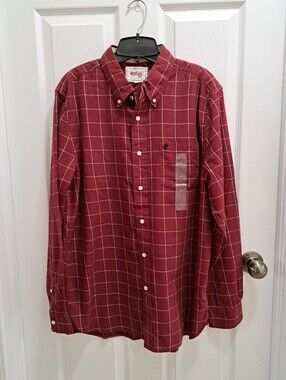 Stafford Men's Burgundy Windowpane Button-Down Shirt Size Medium Classic Cotton